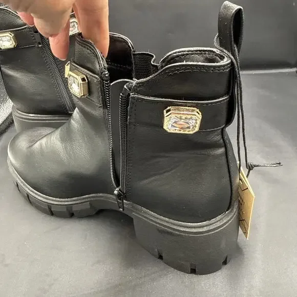 Madden NYC Women's Black Rhinestone Chain Zip Lug Sole Chelsie Ankle Boots Sz 9 - Picture 2 of 13